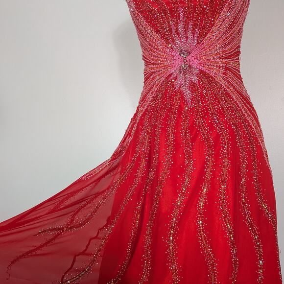 Alyce Prom Dress Maxi Gown XS Red Silk Princess Glam Strapless Y2K Bead Pink - Picture 4 of 16